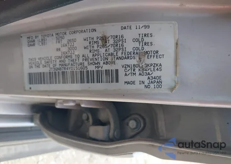 2000 Toyota 4Runner Limited V6 из США, поврежденный, VIN JT3GN87R4Y0151605